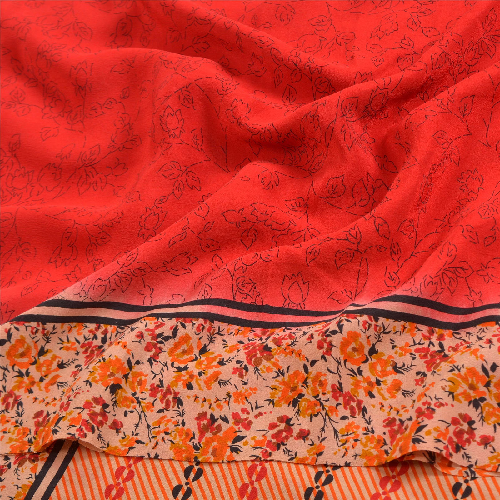 Sanskriti Vintage Scarlet Printed Sarees Pure Crepe Silk Sari 5Yd Craft Fabric, PRC-17389 image 2