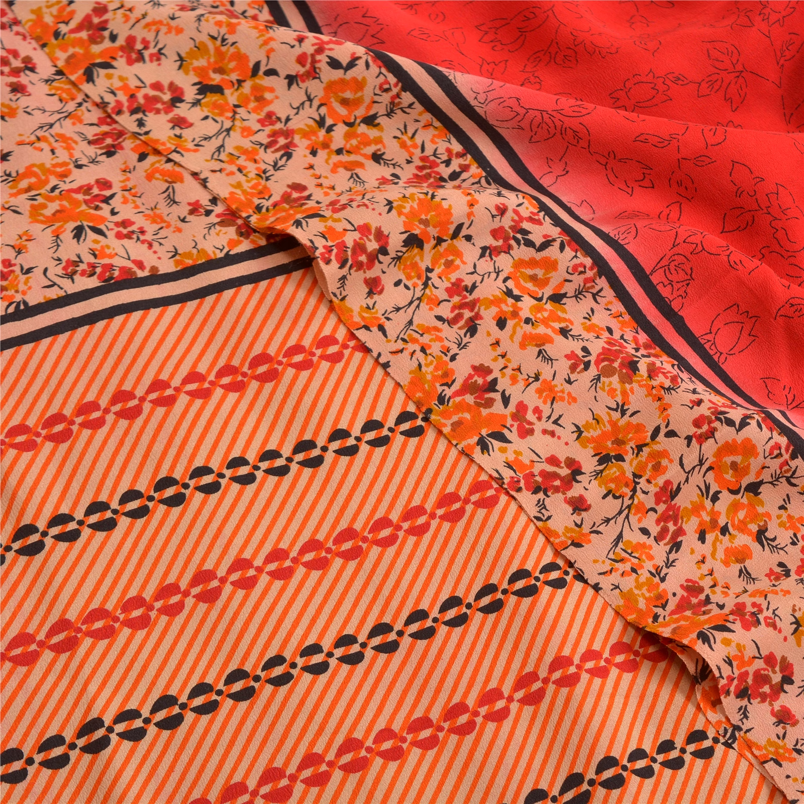 Sanskriti Vintage Scarlet Printed Sarees Pure Crepe Silk Sari 5Yd Craft Fabric, PRC-17389 image 4