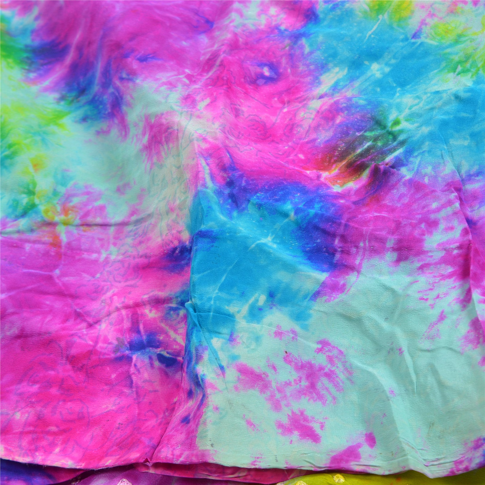 Sanskriti Vintage Sarees Multi Tie-Dye Embroidered Pure Crepe Silk Sari Fabric, PRC-18201 image 1