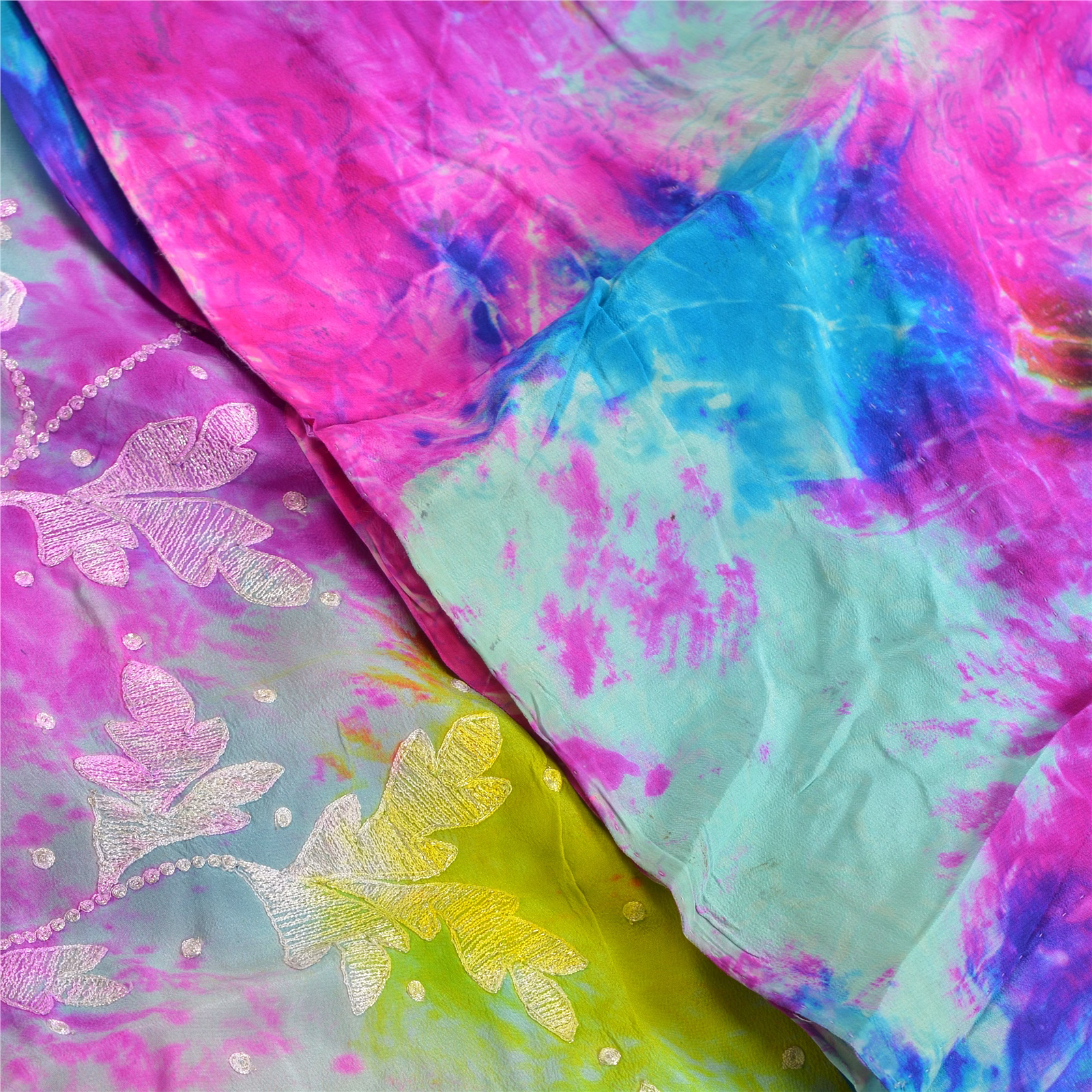Sanskriti Vintage Sarees Multi Tie-Dye Embroidered Pure Crepe Silk Sari Fabric, PRC-18201 image 3