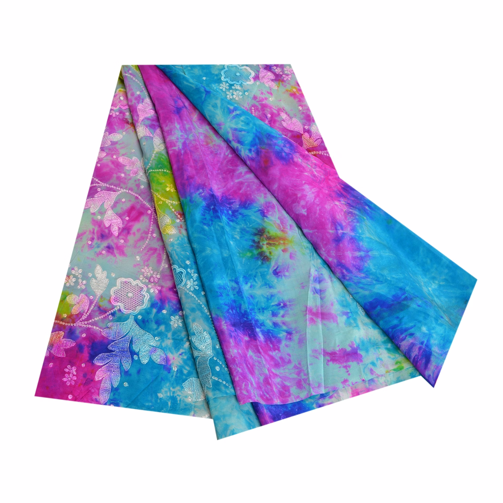 Sanskriti Vintage Sarees Multi Tie-Dye Embroidered Pure Crepe Silk Sari Fabric, PRC-18201 image 4