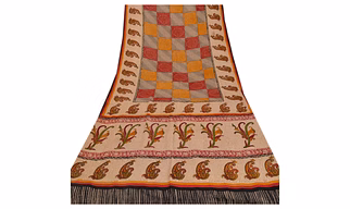 Sanskriti Vintage Cream Sarees Pure Crepe Silk Printed Sari Craft Soft Fabric, PRC-4800