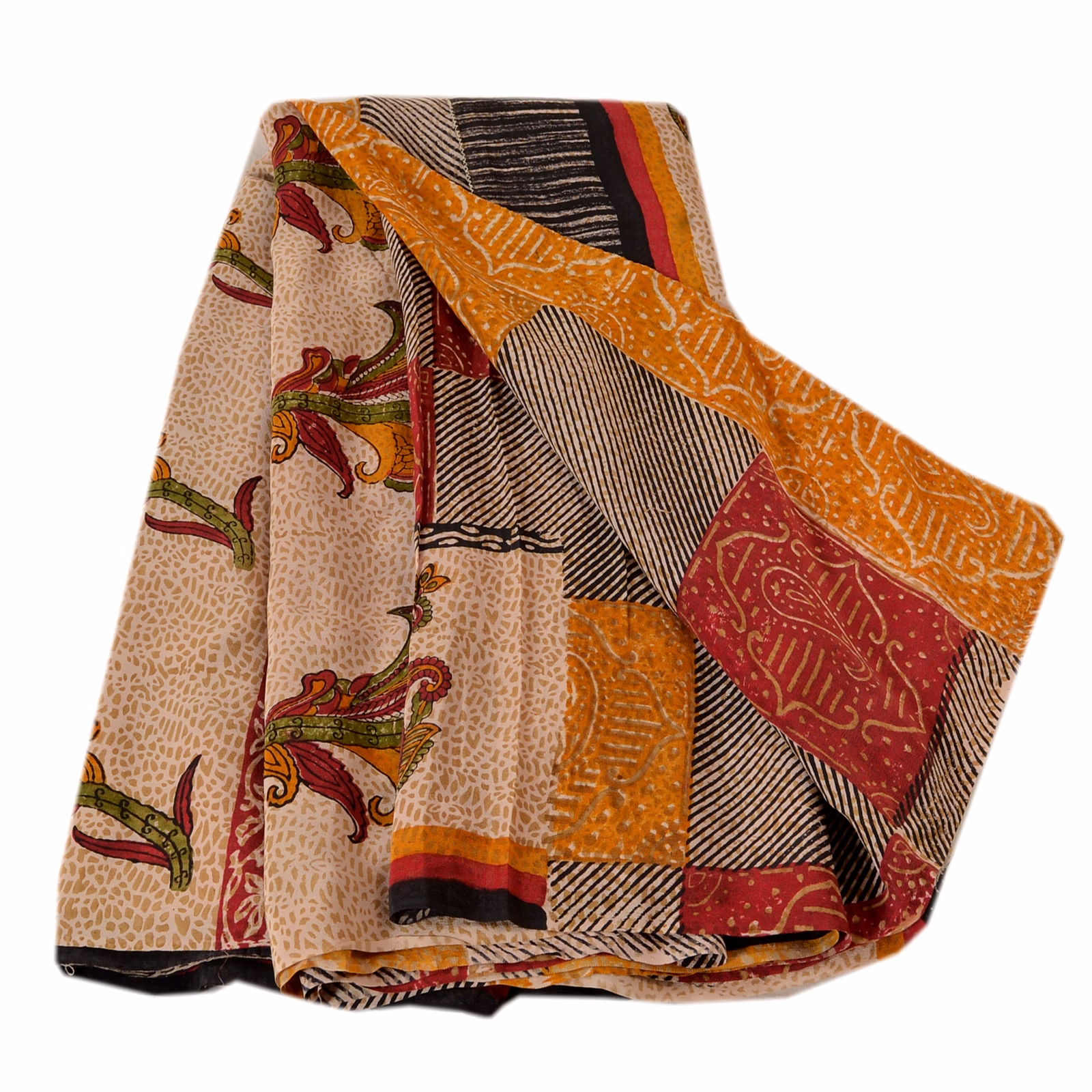 Sanskriti Vintage Cream Sarees Pure Crepe Silk Printed Sari Craft Soft Fabric, PRC-4800 image 13