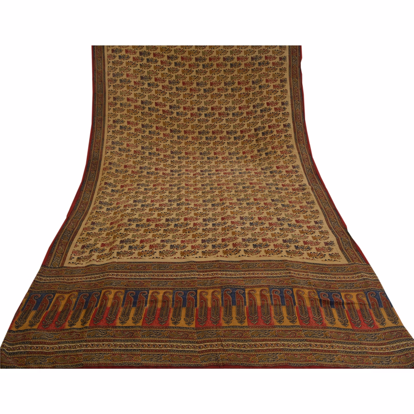 Sanskriti Vintage Beige Indian Sarees Pure Crepe Silk Printed Sari Craft Fabric, PRC-16508 image 6