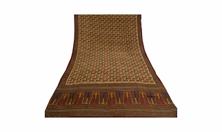 Sanskriti Vintage Beige Indian Sarees Pure Crepe Silk Printed Sari Craft Fabric, PRC-16508