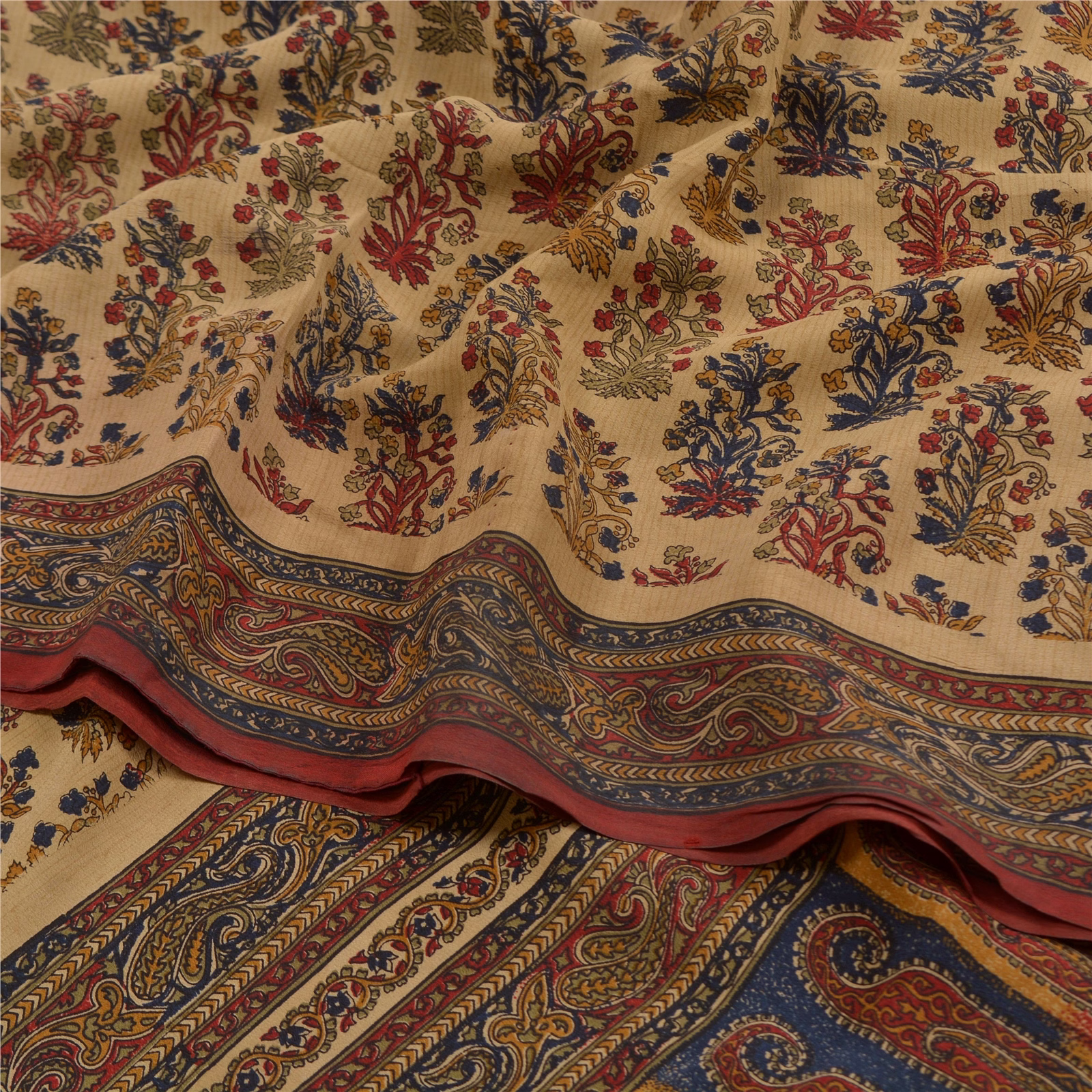 Sanskriti Vintage Beige Indian Sarees Pure Crepe Silk Printed Sari Craft Fabric, PRC-16508 image 1