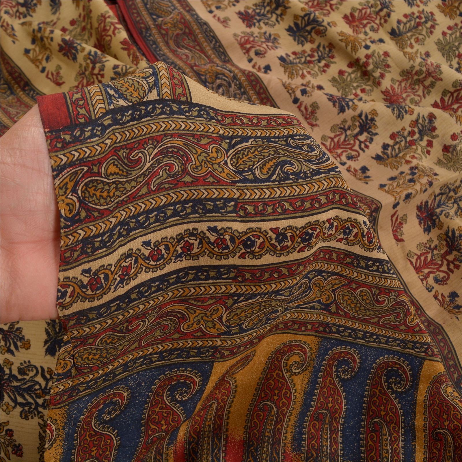 Sanskriti Vintage Beige Indian Sarees Pure Crepe Silk Printed Sari Craft Fabric, PRC-16508 image 2