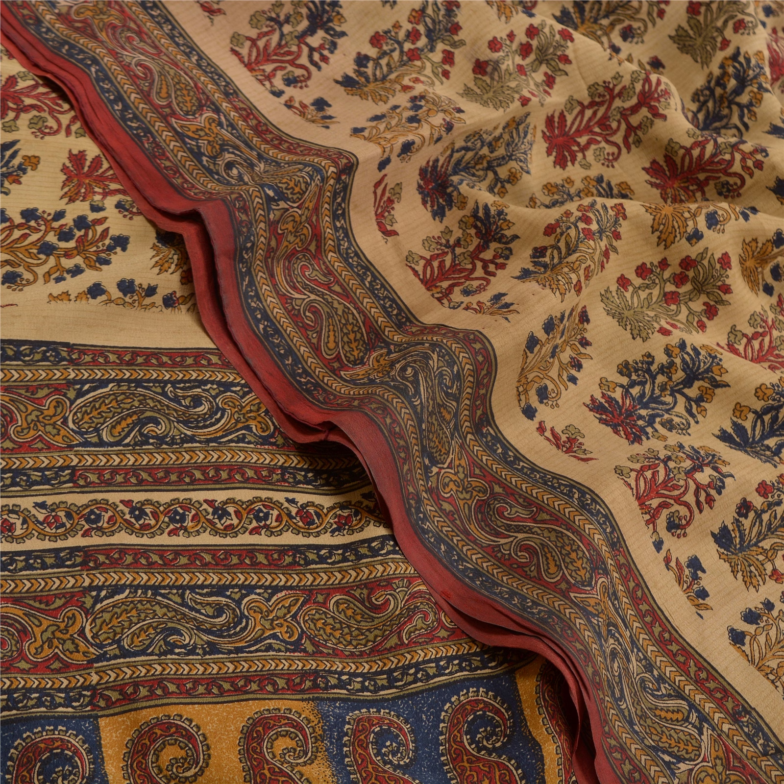 Sanskriti Vintage Beige Indian Sarees Pure Crepe Silk Printed Sari Craft Fabric, PRC-16508 image 3