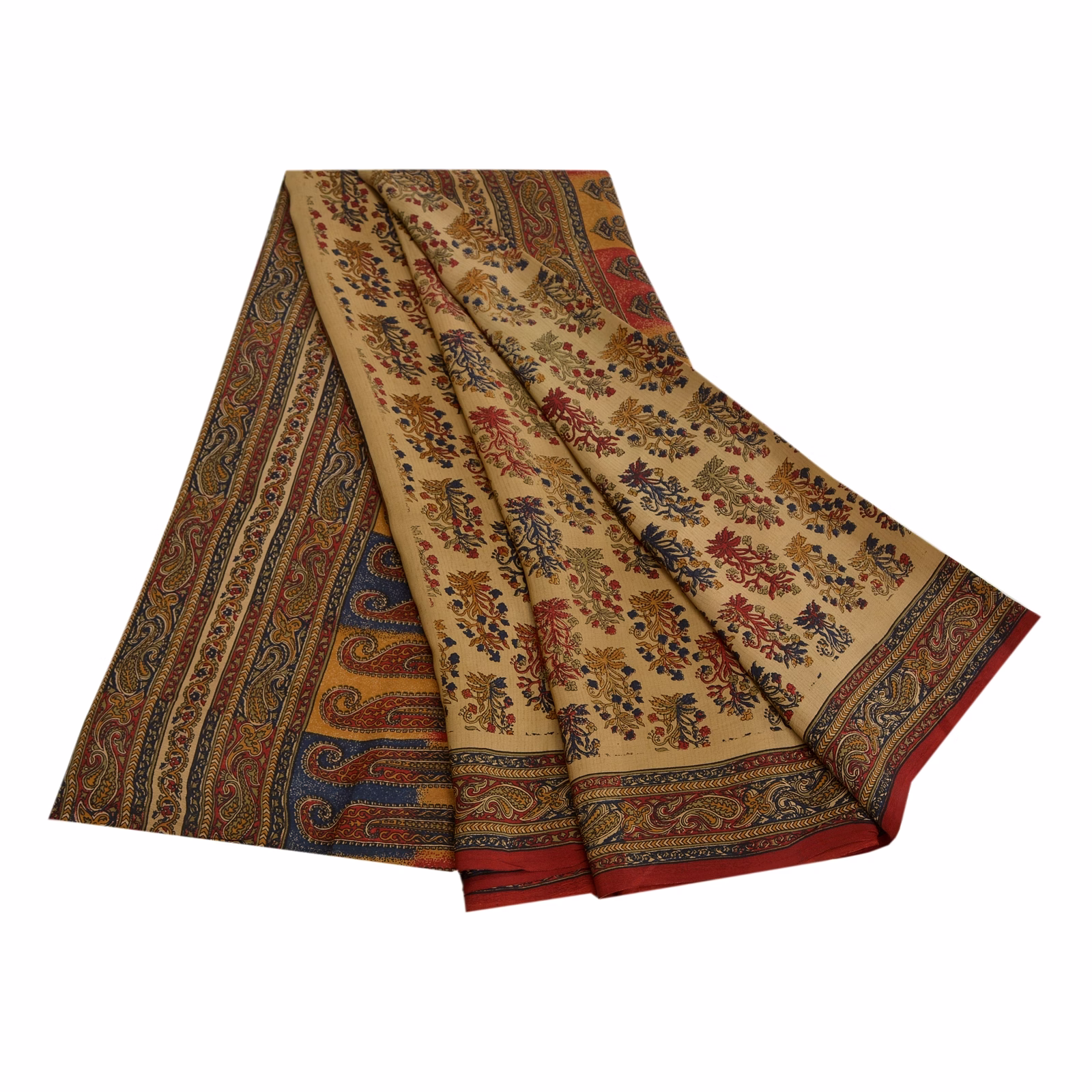 Sanskriti Vintage Beige Indian Sarees Pure Crepe Silk Printed Sari Craft Fabric, PRC-16508 image 4