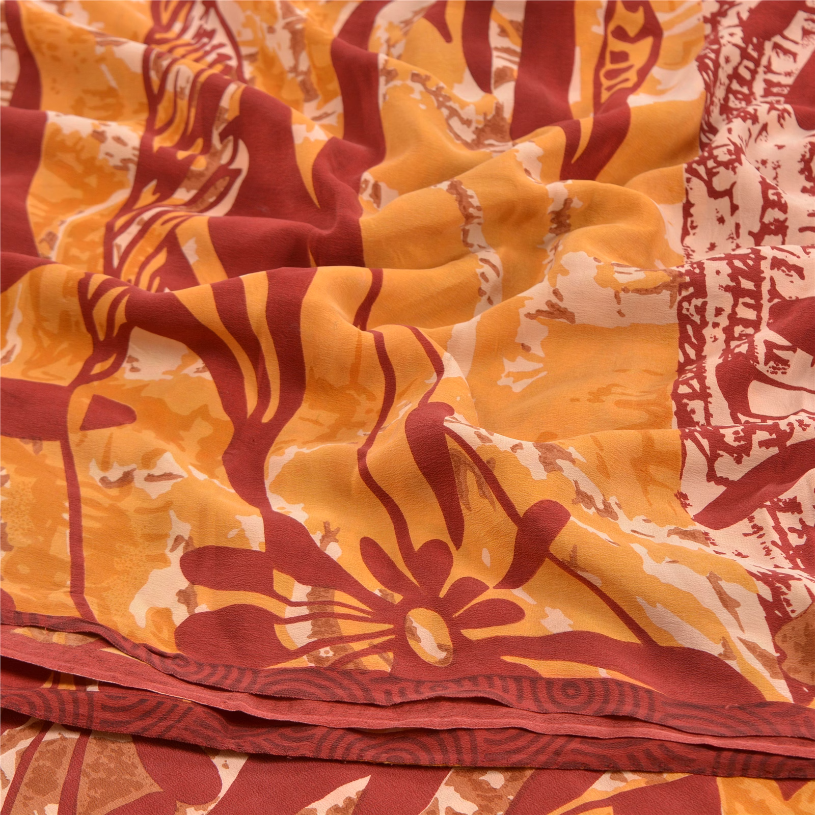 Sanskriti Vintage Dark Red Sarees Pure Crepe Silk Printed Sari Soft Craft Fabric, PRC-16391 image 10