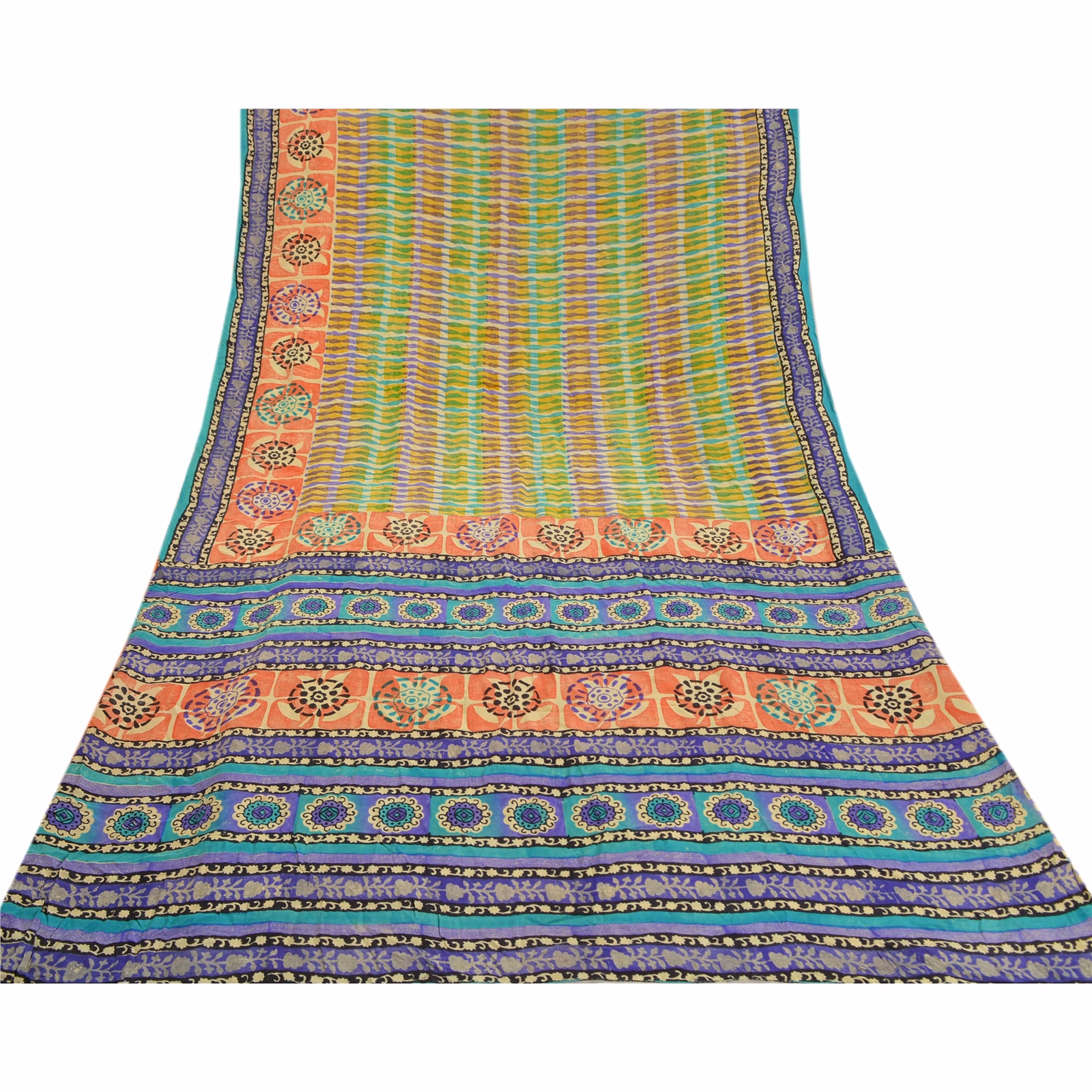 Sanskriti Vintage Multi Indian Sarees Pure Crepe Silk Printed Sari Craft Fabric, PRC-16350 image 15