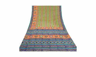 Sanskriti Vintage Multi Indian Sarees Pure Crepe Silk Printed Sari Craft Fabric, PRC-16350