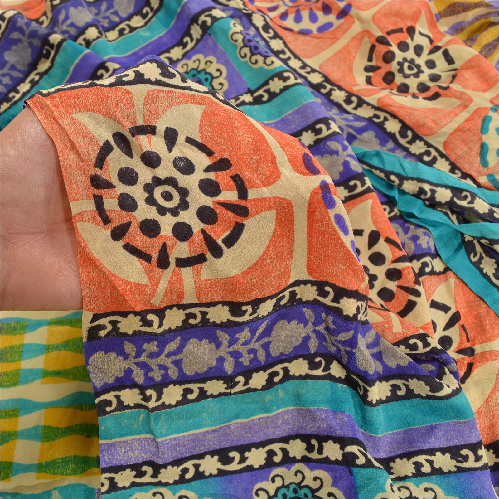 Sanskriti Vintage Multi Indian Sarees Pure Crepe Silk Printed Sari Craft Fabric, PRC-16350 image 11