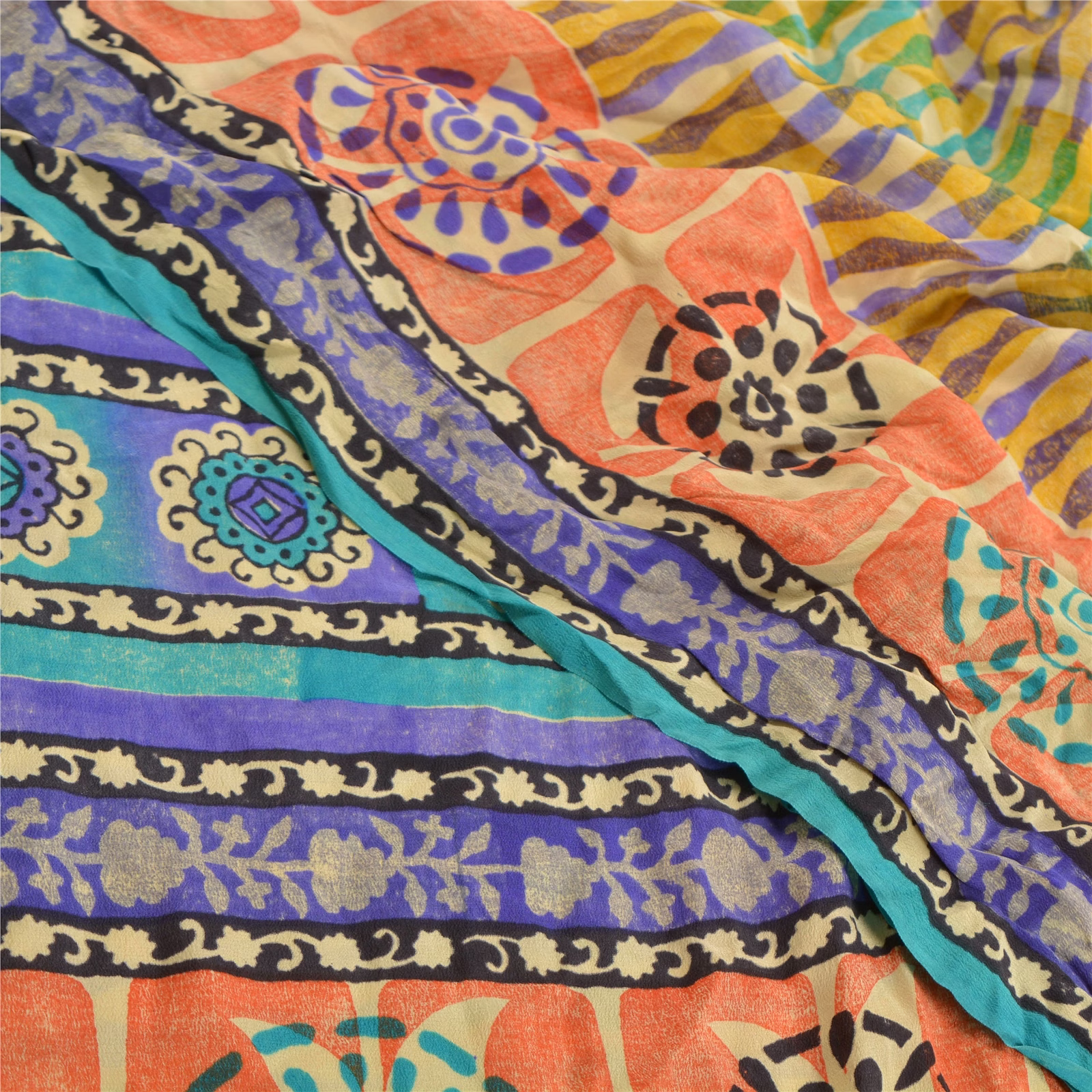 Sanskriti Vintage Multi Indian Sarees Pure Crepe Silk Printed Sari Craft Fabric, PRC-16350 image 12