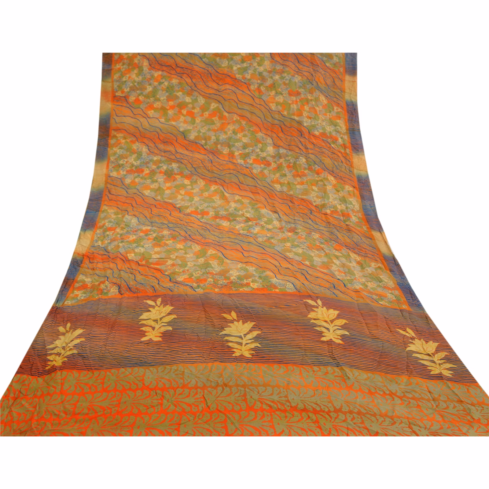Sanskriti Vintage Orange Indian Sarees Pure Crepe Silk Printed Sari Craft Fabric, PRC-16341 image 15