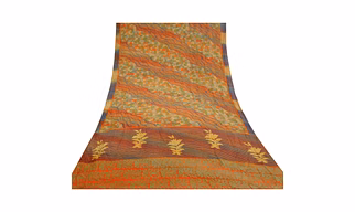 Sanskriti Vintage Orange Indian Sarees Pure Crepe Silk Printed Sari Craft Fabric, PRC-16341