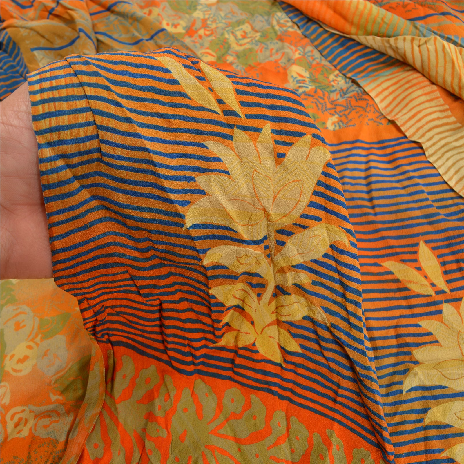 Sanskriti Vintage Orange Indian Sarees Pure Crepe Silk Printed Sari Craft Fabric, PRC-16341 image 11