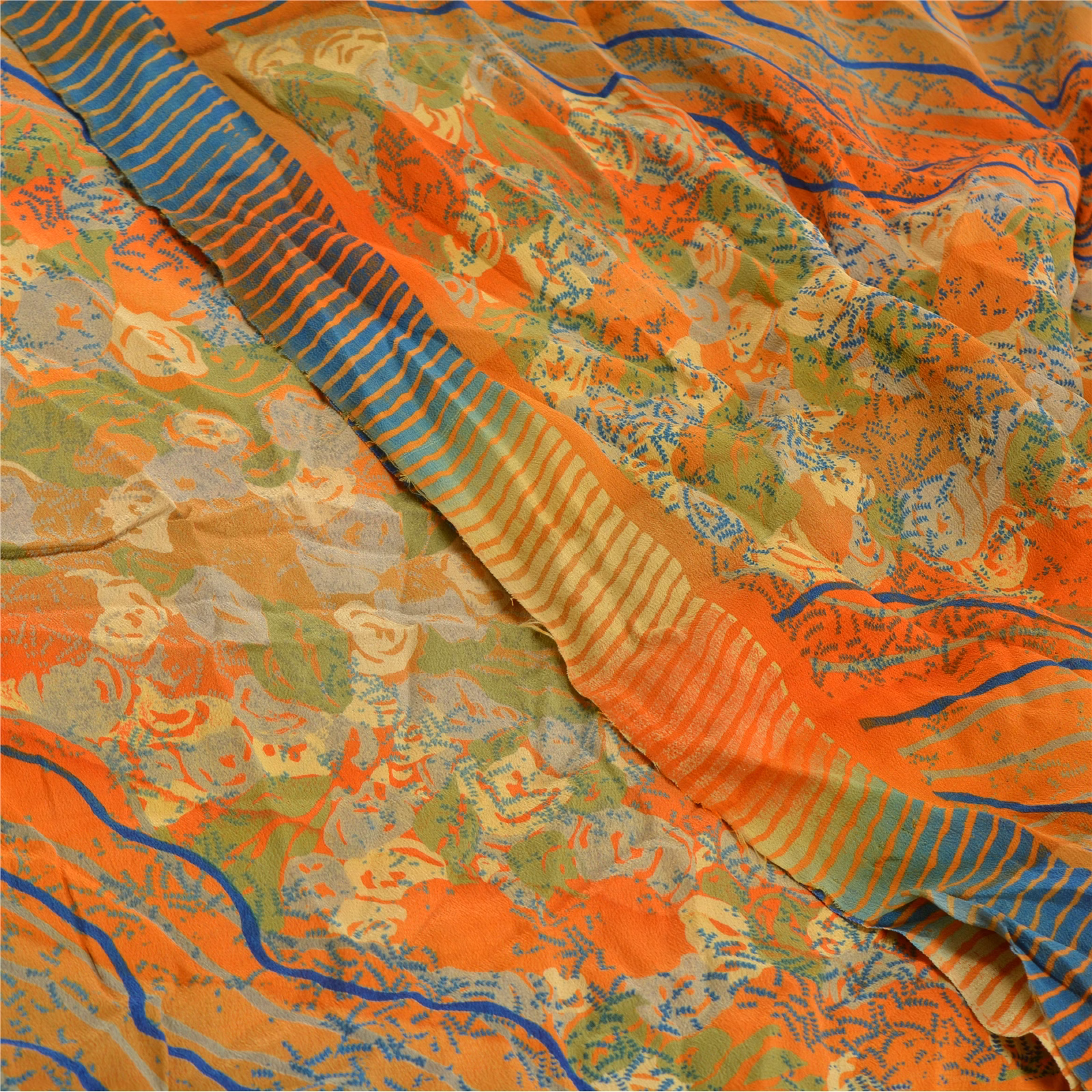 Sanskriti Vintage Orange Indian Sarees Pure Crepe Silk Printed Sari Craft Fabric, PRC-16341 image 12