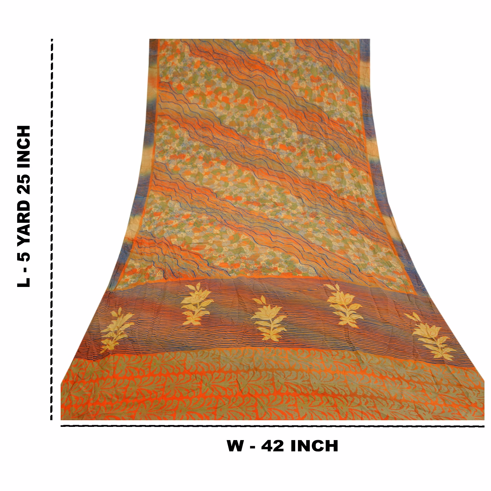 Sanskriti Vintage Orange Indian Sarees Pure Crepe Silk Printed Sari Craft Fabric, PRC-16341 image 14