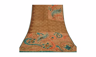 Sanskriti Vintage Brown Printed Sarees Pure Crepe Silk Sari Floral Craft Fabric, PRC-16365