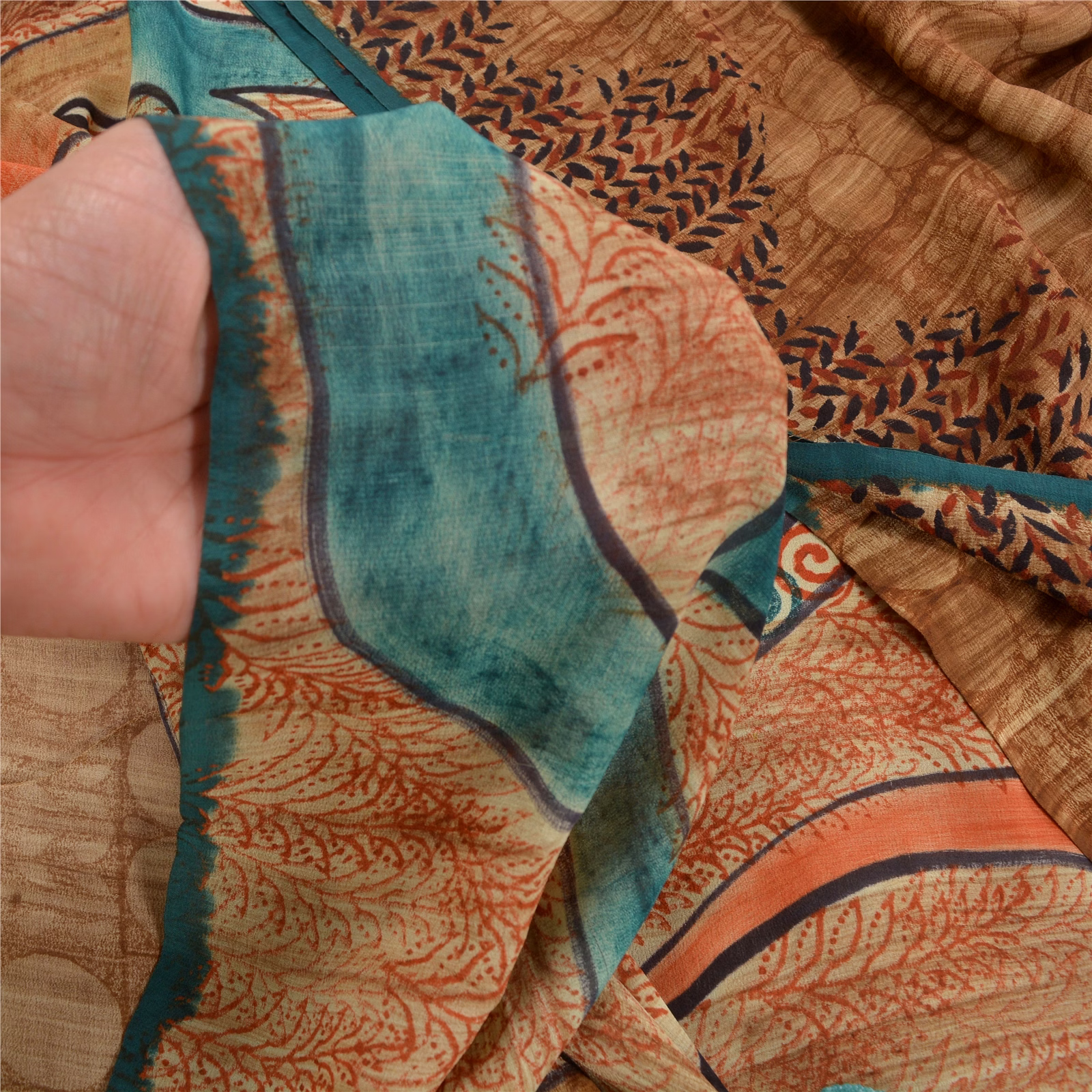 Sanskriti Vintage Brown Printed Sarees Pure Crepe Silk Sari Floral Craft Fabric, PRC-16365 image 11