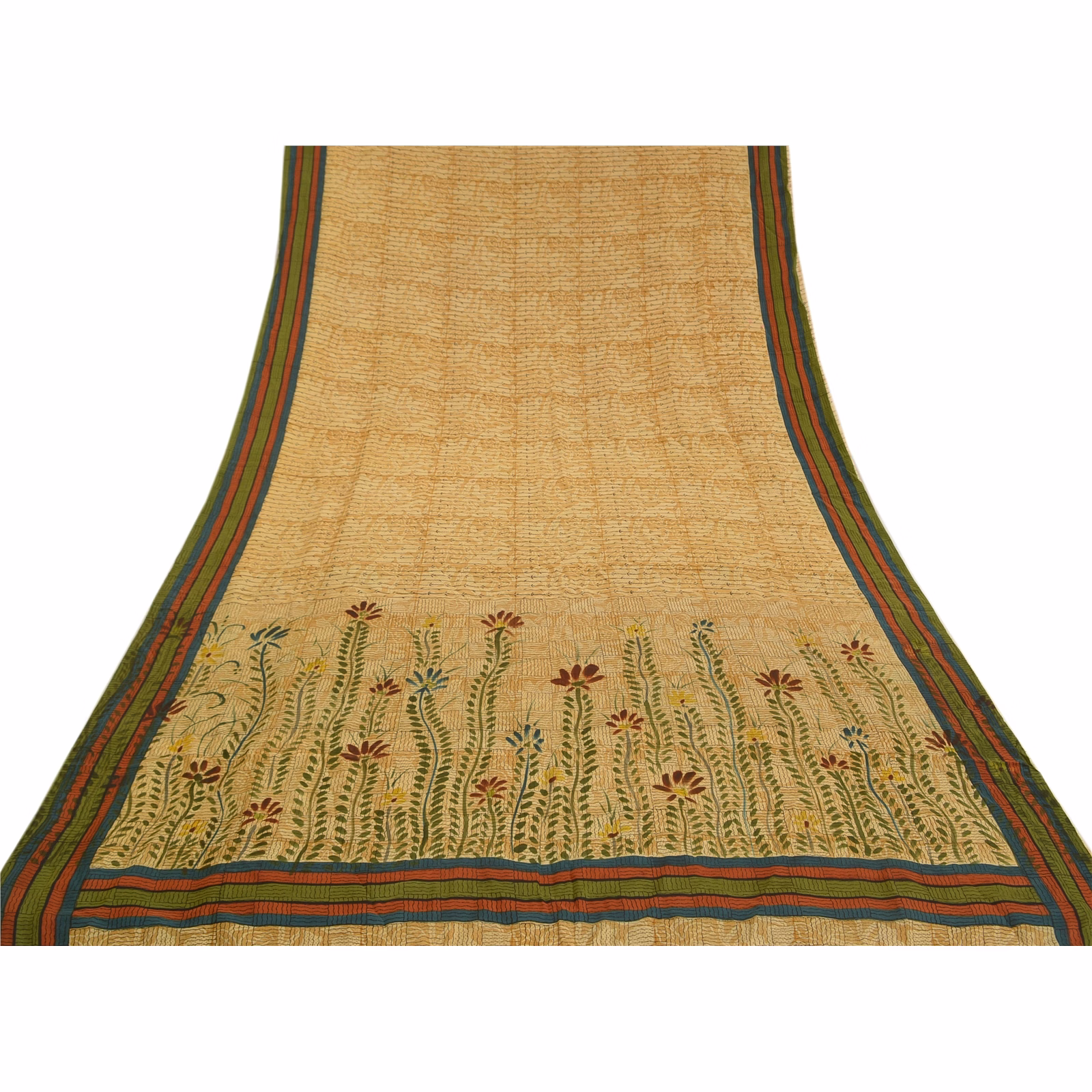 Sanskriti Vintage Pale Cream Sarees Printed Pure Crepe Silk Sari Craft Fabric, PRC-16073 image 15