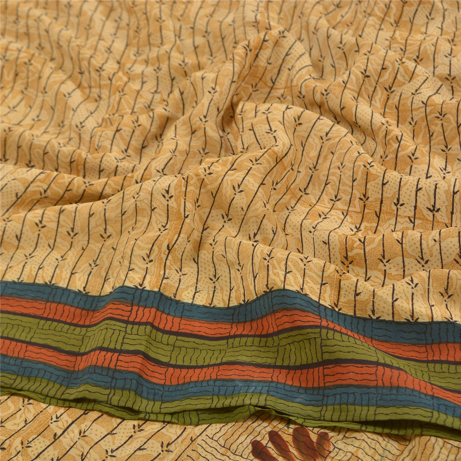 Sanskriti Vintage Pale Cream Sarees Printed Pure Crepe Silk Sari Craft Fabric, PRC-16073 image 10