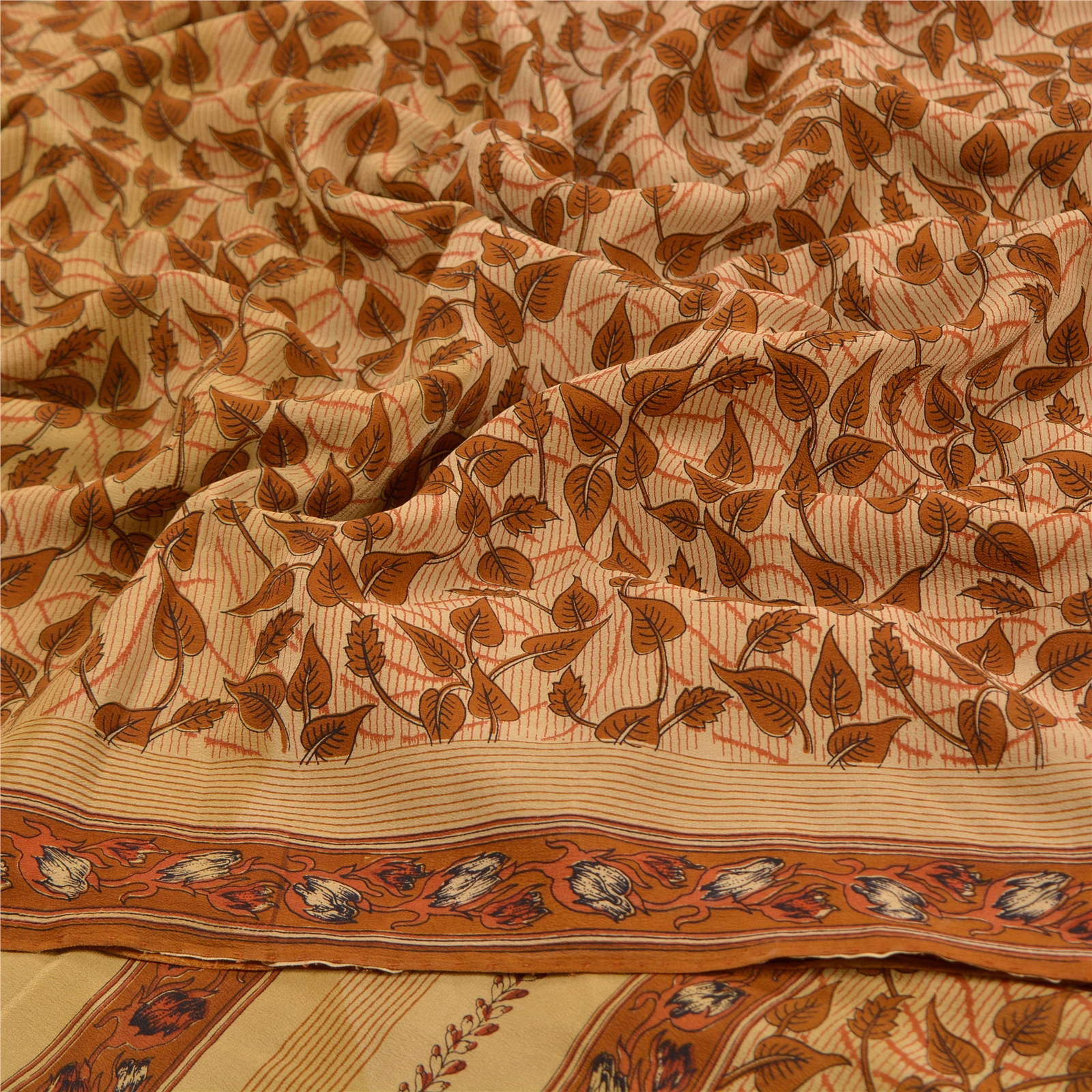 Sanskriti Vintage Brown Sarees Printed Pure Crepe Silk Sari Floral Craft Fabric, PRC-16097 image 10