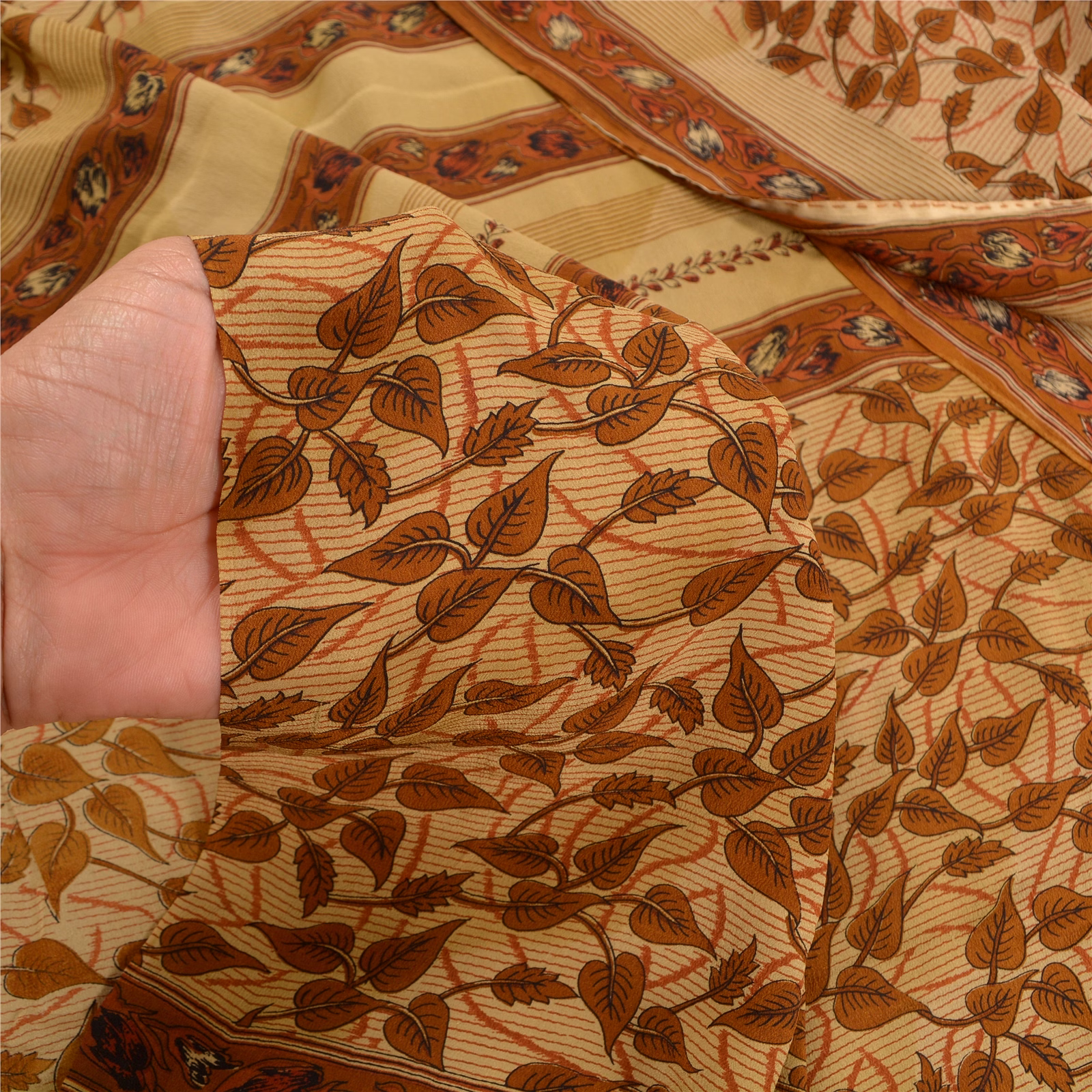 Sanskriti Vintage Brown Sarees Printed Pure Crepe Silk Sari Floral Craft Fabric, PRC-16097 image 11