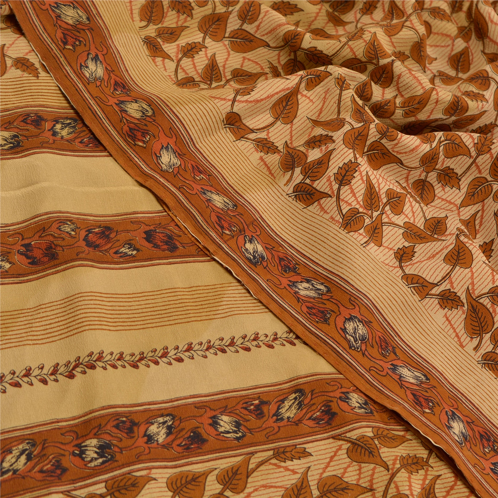 Sanskriti Vintage Brown Sarees Printed Pure Crepe Silk Sari Floral Craft Fabric, PRC-16097 image 12