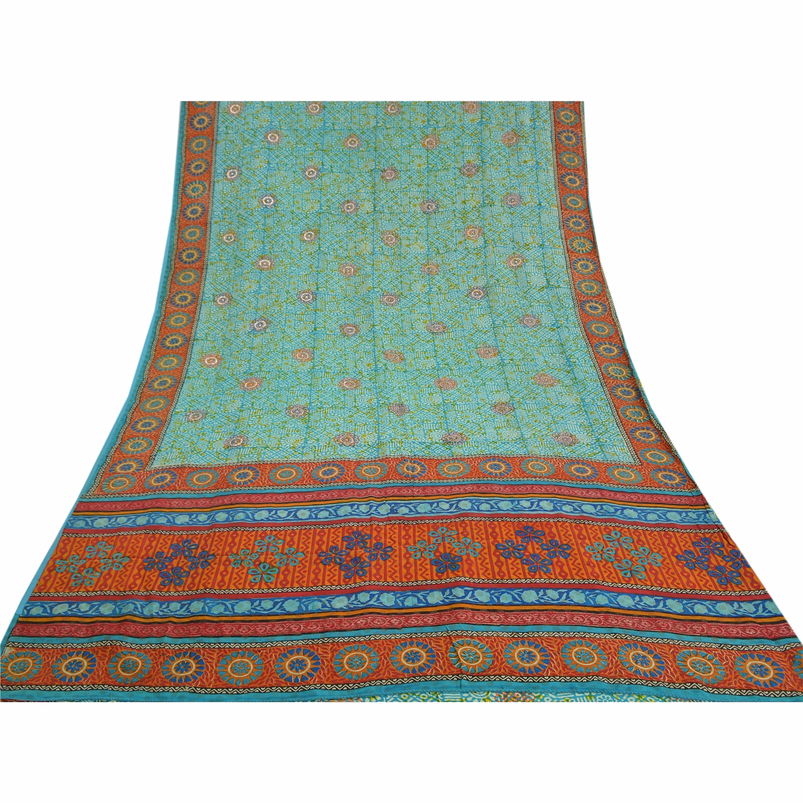 Sanskriti Vintage Sea Green Sarees Pure Crepe Silk Printed Sari 5Yd Craft Fabric, PRC-16021 image 1