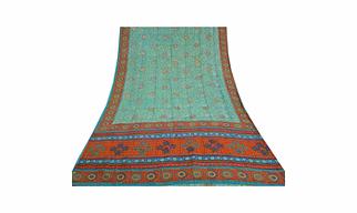 Sanskriti Vintage Sea Green Sarees Pure Crepe Silk Printed Sari 5Yd Craft Fabric, PRC-16021