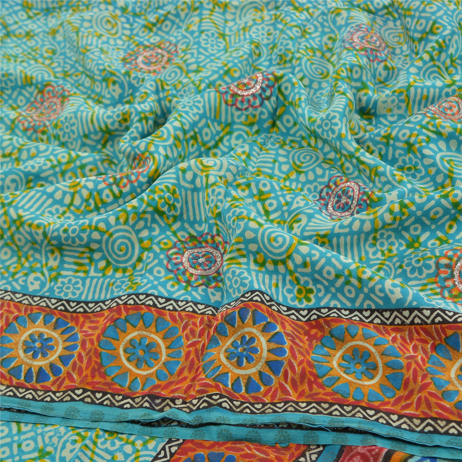 Sanskriti Vintage Sea Green Sarees Pure Crepe Silk Printed Sari 5Yd Craft Fabric, PRC-16021 image 11