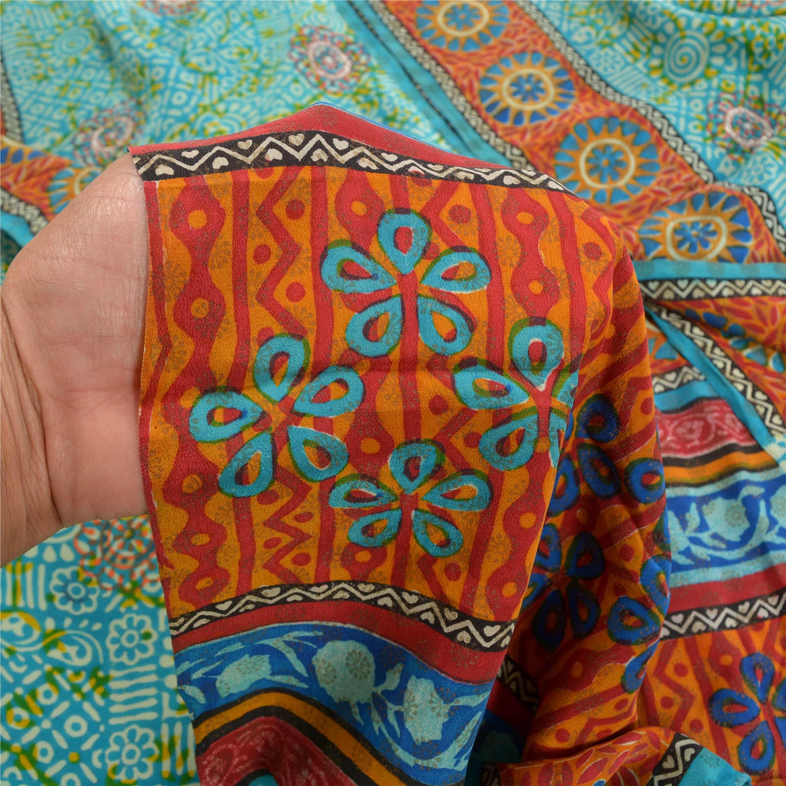 Sanskriti Vintage Sea Green Sarees Pure Crepe Silk Printed Sari 5Yd Craft Fabric, PRC-16021 image 12