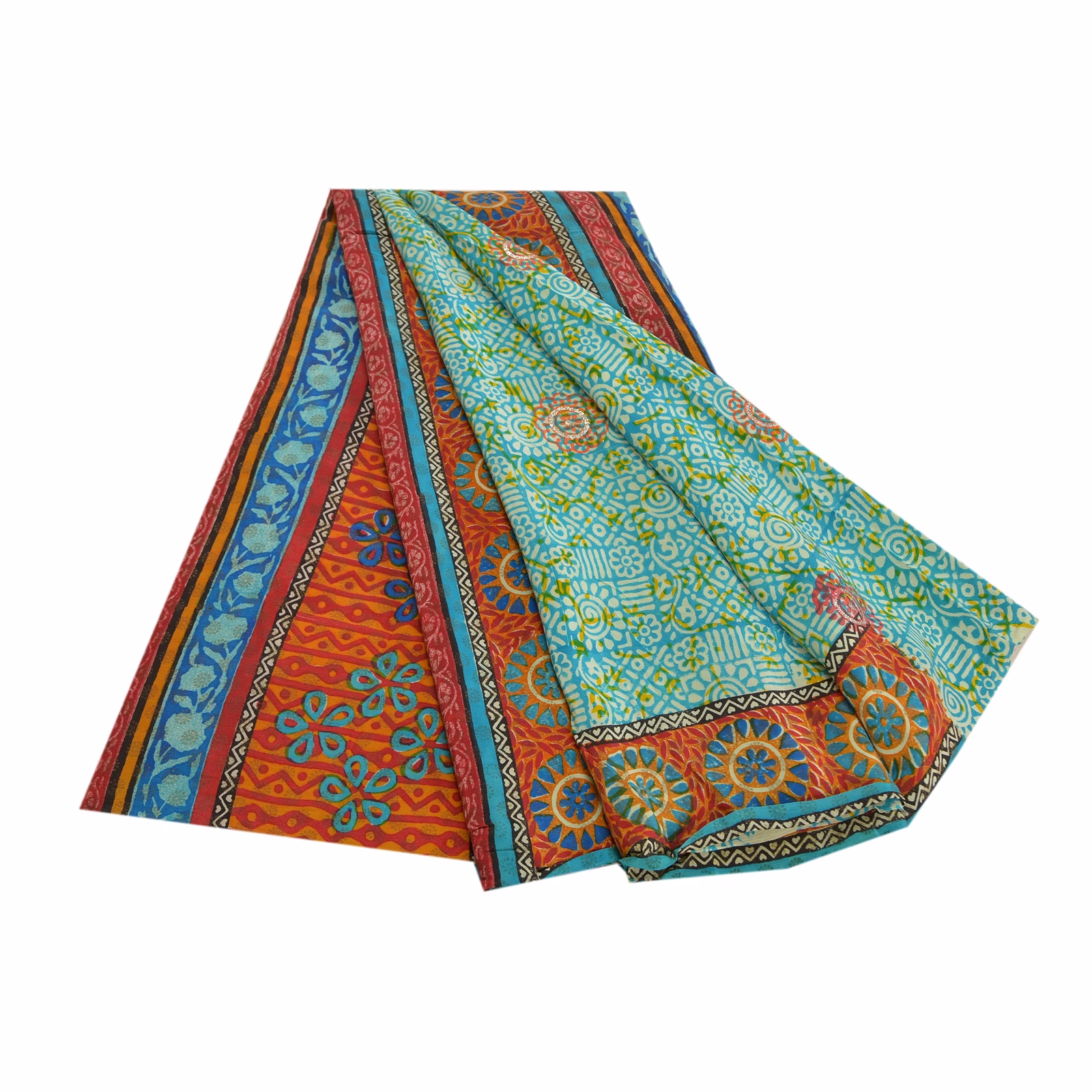 Sanskriti Vintage Sea Green Sarees Pure Crepe Silk Printed Sari 5Yd Craft Fabric, PRC-16021 image 14