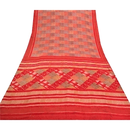 Sanskriti Vintage Red Sarees Pure Crepe Silk Printed Sari 5 Yard Craft Fabric, PRC-13802