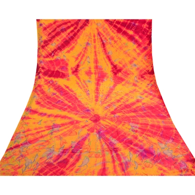 Sanskriti Vintage Yellow Tie-Dye Sarees Pure Crepe Silk Sari 5Yd Craft Fabric, PRC-17348