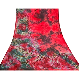 Sanskriti Vintage Red Sarees Pure Crepe Silk Printed Tie&Dye Sari Fabric, PRC-16835