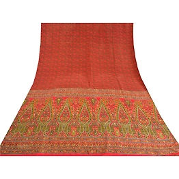 Sanskriti Vintage Red Sarees Pure Crepe Silk Printed Sari Soft 5Yd Craft Fabric, PRC-16937