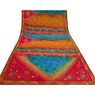 Sanskriti Vintage Sarees Multi Hand Beaded Pure Crepe Silk Sari 5Yd Craft Fabric, PRC-17997