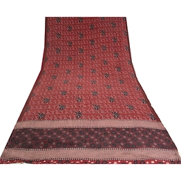 Sanskriti Vintage Sarees Dark Red Pure Crepe Silk Printed Sari Soft Craft Fabric, PRC-19189