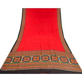 Sanskriti Vintage Sarees Red From India Pure Crepe Silk Print Sari Craft Fabric, PRC-19229