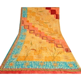 Sanskriti Vintage Sarees Hand Beaded Pure Crepe Silk Printed Sari Craft Fabric, PRC-19240