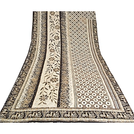 Sanskriti Vintage Sarees Ivory Hand Beaded Pure Crepe Silk Printed Sari Fabric, PRC-19285