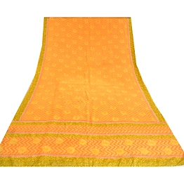 Sanskriti Vintage Sarees Saffron 100% Pure Crepe Silk Printed Sari Craft Fabric, PRC-19532