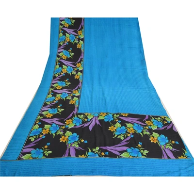 Sanskriti Vintage Sarees Blue 100% Pure Crepe Silk Printed Sari 5Yd Craft Fabric, PRC-19537