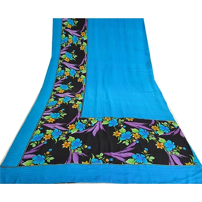 Sanskriti Vintage Sarees Blue 100% Pure Crepe Silk Printed Sari 5Yd Craft Fabric, PRC-19537