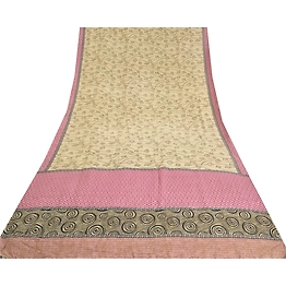 Sanskriti Vintage Sarees Pale-Cream Pure Crepe Silk Sari Printed Craft Fabric, PRC-19464
