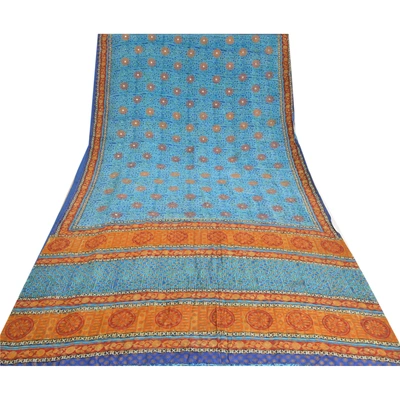 Sanskriti Vintage Sarees Blue Pure Crepe Silk Printed Sari 5Yd Soft Craft Fabric, PRC-19577