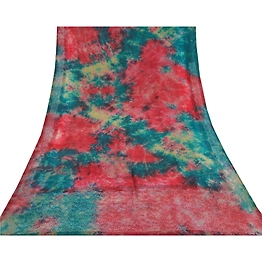 Sanskriti Vintage Red Tie-Dye Embroidered Sarees Pure Crepe Silk Sari 5Yd Fabric, PRC-16459